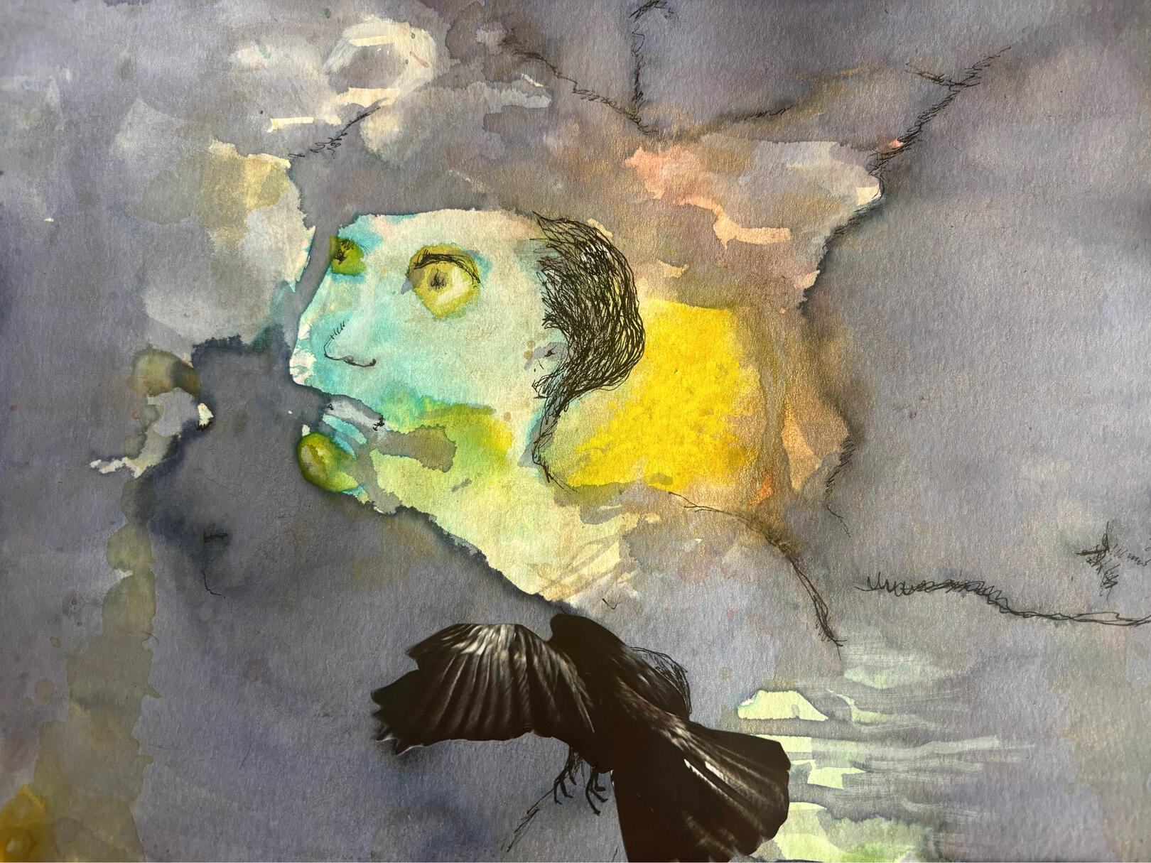 s/t Acuarela, collage y lápiz tinta, 2025