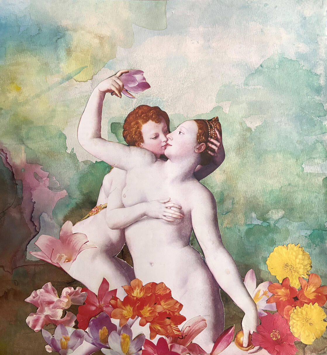 Venus y Cupido, Acuarela y collage, 2025